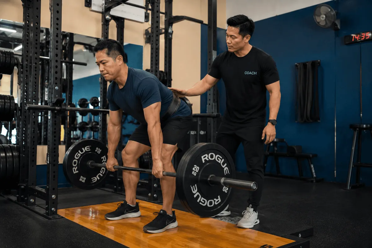 A Spectrum Wellness Studio coach supervising a client's deadlift